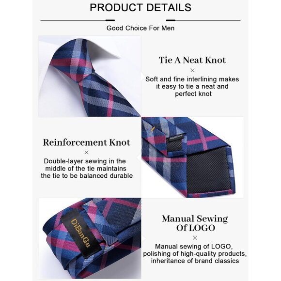 🆕Men Blue Plaid Silk Checkered Necktie Pocket Square Cufflinks Tie Clip Set - Picture 5 of 6